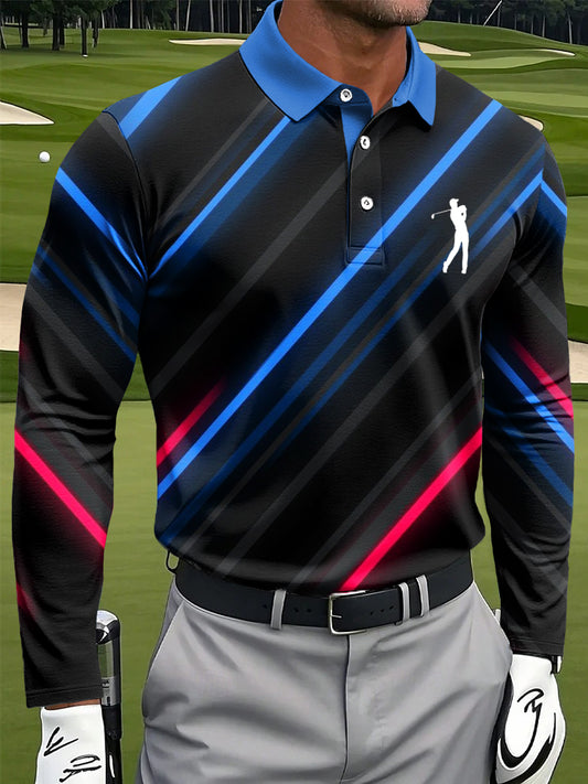 Men's Retro Colorful Stripe Art Print Casual Business Long Sleeve Polo Shirt