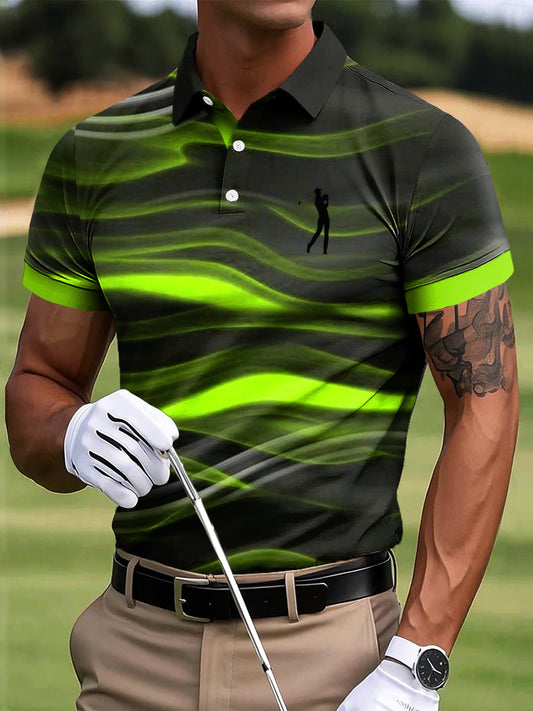 Men's Golf Abstract Line Wave Art Print Casual Business Polo Shirt