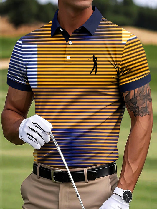 Men's Golf Vintage Gradient Stripe Art Print Casual Business Polo Shirt