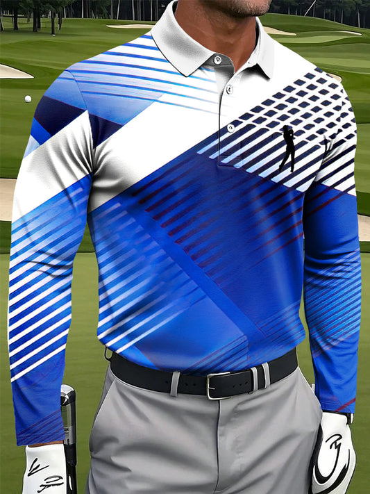 Men's Retro Abstract Line Geometric Art Print Casual Business Long Sleeve Polo Shirt
