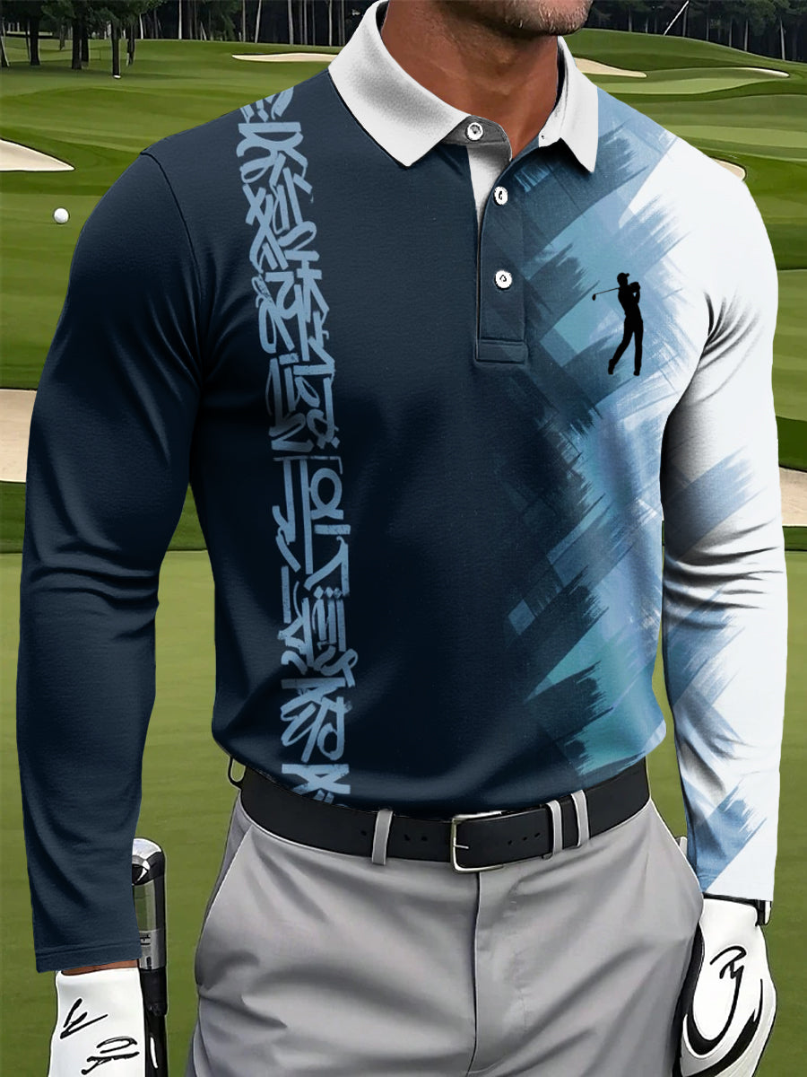 Men's Retro Color Blocking Art Printing Casual Business Long Sleeve Polo Shirt