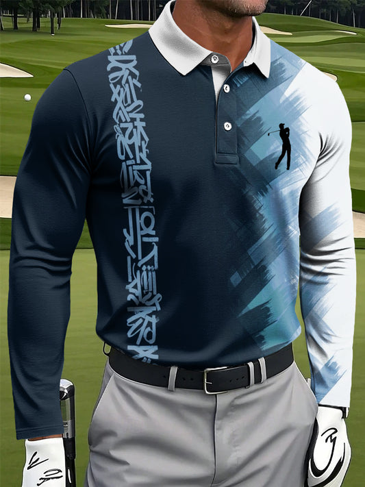 Men's Retro Color Blocking Art Printing Casual Business Long Sleeve Polo Shirt