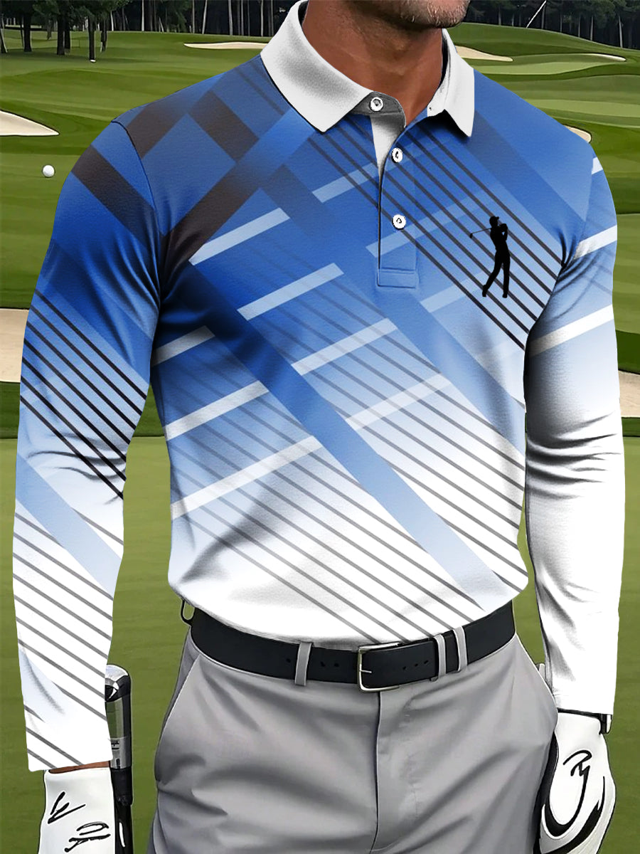 Men's Retro Gradient Stripe Art Print Casual Business Long Sleeve Polo Shirt