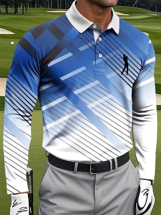 Men's Retro Gradient Stripe Art Print Casual Business Long Sleeve Polo Shirt