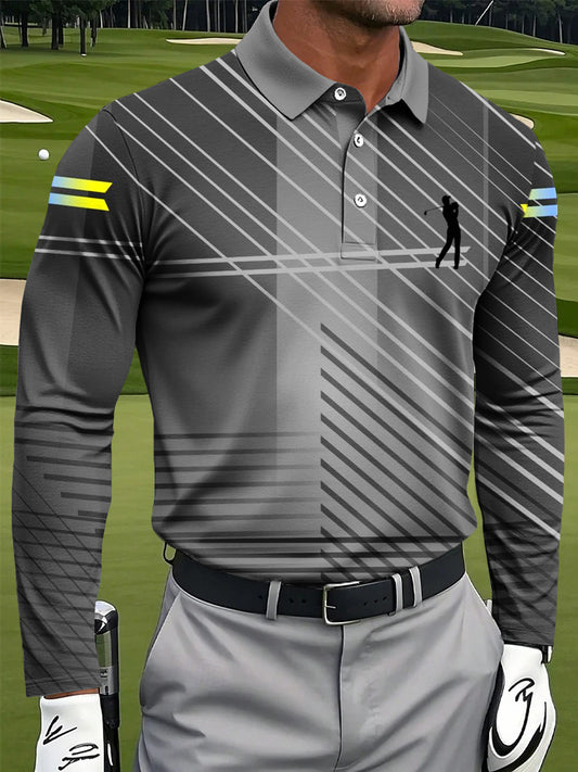 Men's Retro Line Check Art Print Casual Business Long Sleeve Polo Shirt