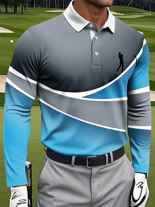 Men's Retro Line Geometric Art Print Casual Business Long Sleeve Polo Shirt