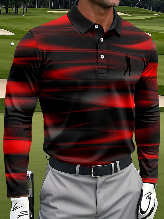 Men's Retro Wave Stripe Art Print Casual Business Long Sleeve Polo Shirt