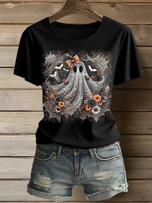 Women's Halloween Cute Ghost Printed Vintage Fashion Loose Short Sleeve T-Shirt