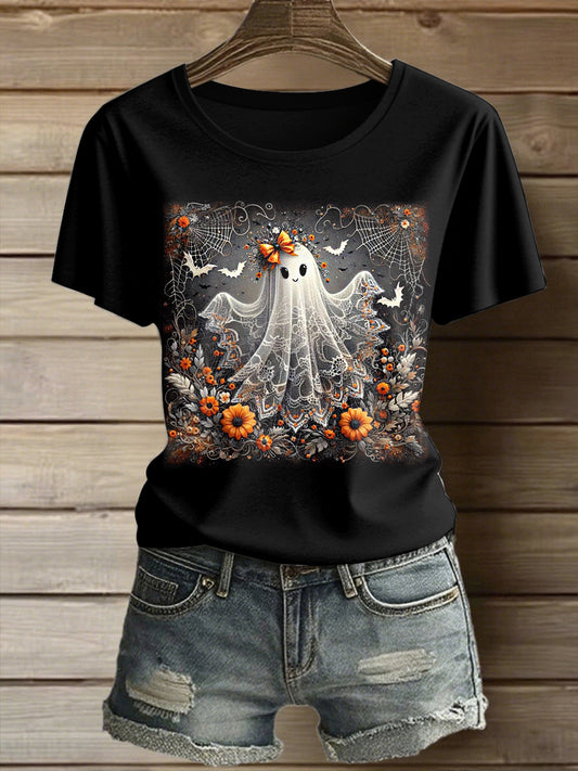 Women's Halloween Cute Ghost Printed Vintage Fashion Loose Short Sleeve T-Shirt