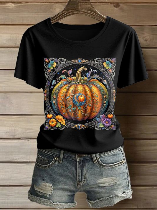 Women's  Folk Art Pumpkin Printed Vintage Fashion Loose Short Sleeve T-Shirt
