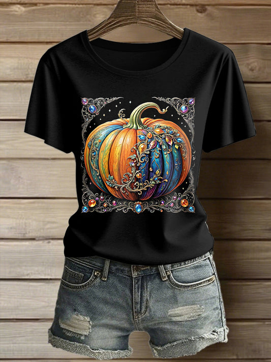 Women's  Folk Art Pumpkin Printed Vintage Fashion Loose Short Sleeve T-Shirt
