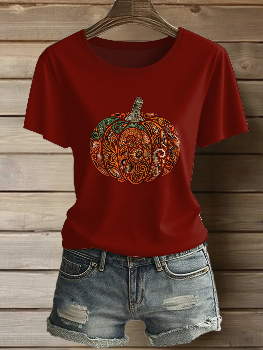 Women's  Folk Art Pumpkin Printed Vintage Fashion Loose Short Sleeve T-Shirt