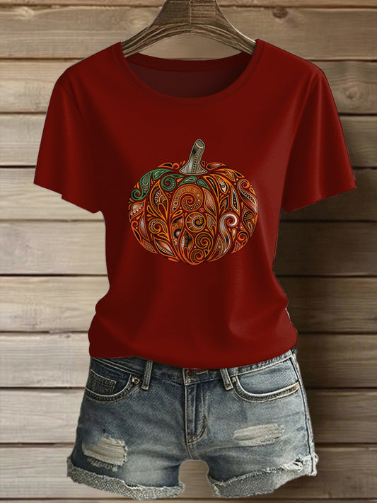 Women's  Folk Art Pumpkin Printed Vintage Fashion Loose Short Sleeve T-Shirt