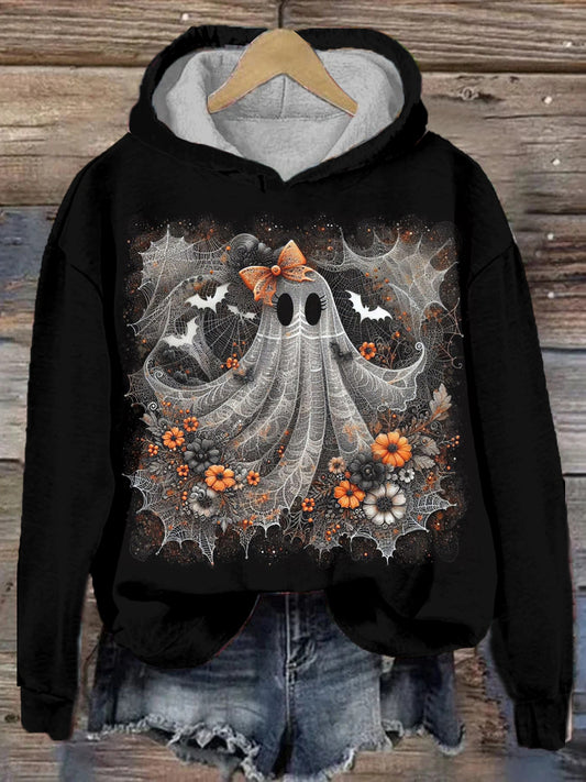 Women's Halloween Cute Ghost Printed Long Sleeved Hooded Sweatshirt