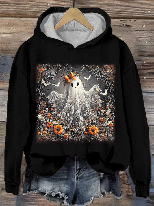 Women's Halloween Cute Ghost printed Long Sleeved Hooded Sweatshirt