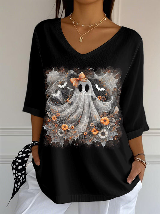 Women's V-neck Mid-Sleeve Halloween Cute Ghost printed Casual T-shirt