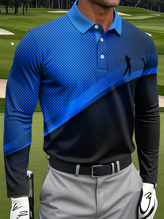 Men's Retro Abstract Geometric Texture Printed Casual Business Long Sleeve Polo Shirt