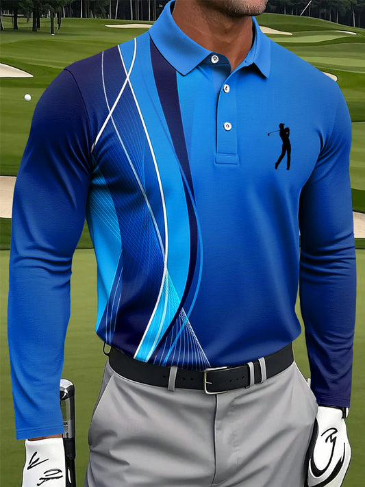 Men's Retro Abstract Line Texture Printing Casual Business Long Sleeve Polo Shirt
