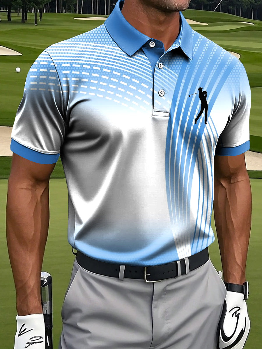 Men's Retro Gradient Line Wave Art Print Casual Business Polo Shirt