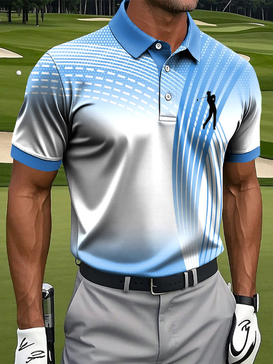 Men's Retro Gradient Line Wave Art Print Casual Business Polo Shirt