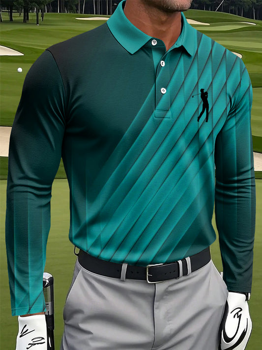 Men's Retro Gradient Geometric Texture Printed Casual Business Long Sleeve Polo Shirt