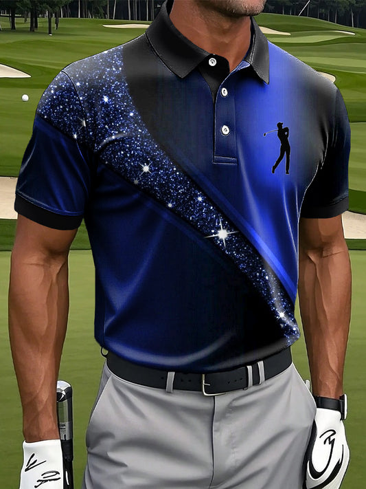 Men's Retro Abstract Gradient Shiny Line Art Printed Casual Business Polo Shirt