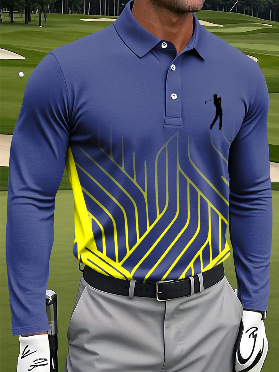 Men's Retro Gradient Line Art Print Casual Business Long Sleeve Polo Shirt