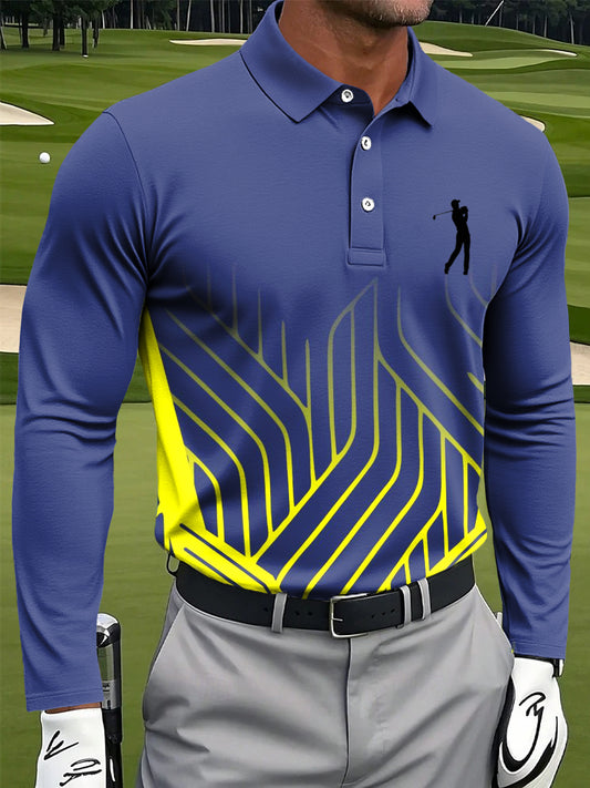 Men's Retro Gradient Line Art Print Casual Business Long Sleeve Polo Shirt