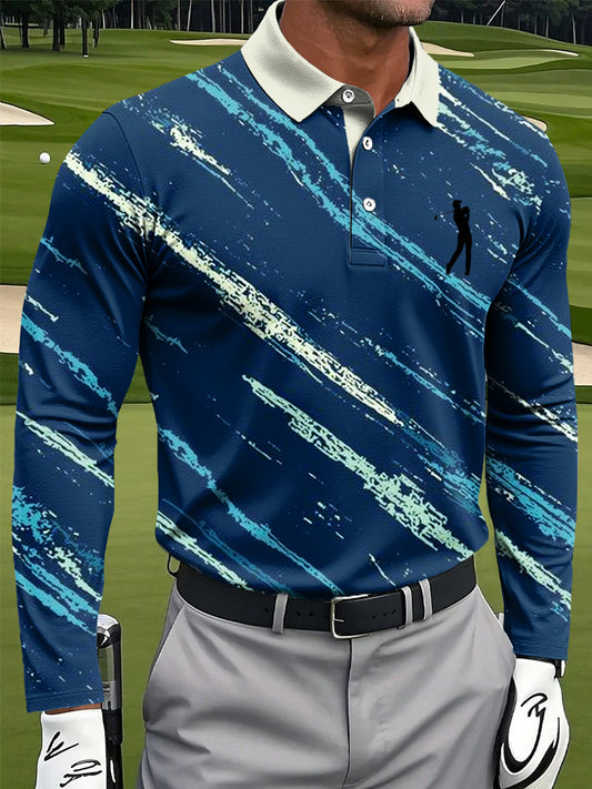 Men's Retro Abstract Line Graffiti Art Print Casual Business Long Sleeve Polo Shirt