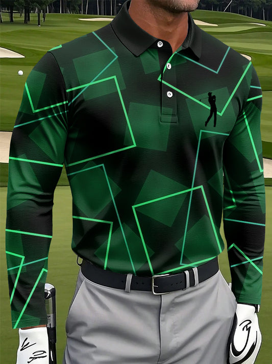 Men's Retro Line Geometric Art Print Casual Business Long Sleeve Polo Shirt