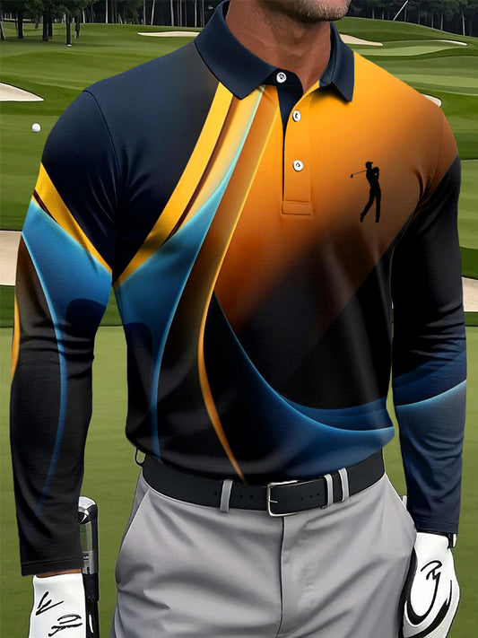 Men's Retro Color Line Texture Art Print Casual Business Long Sleeve Polo Shirt