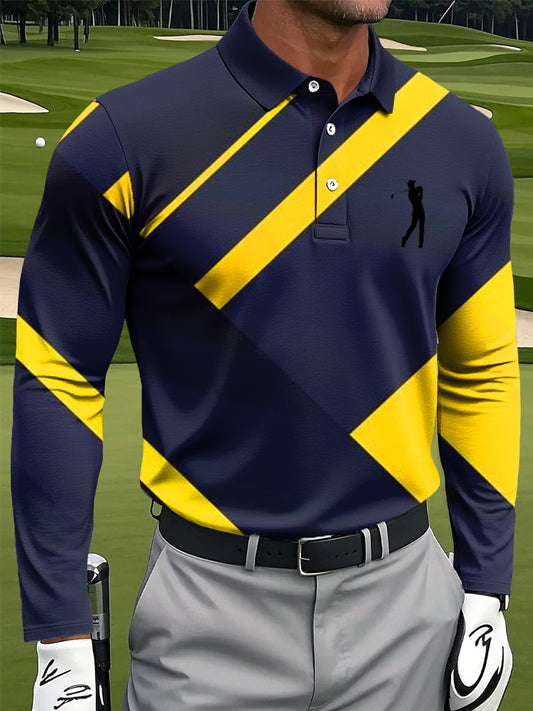 Men's Retro Colorful Stripes Geometric Art Printing Casual Business Long Sleeve Polo Shirt