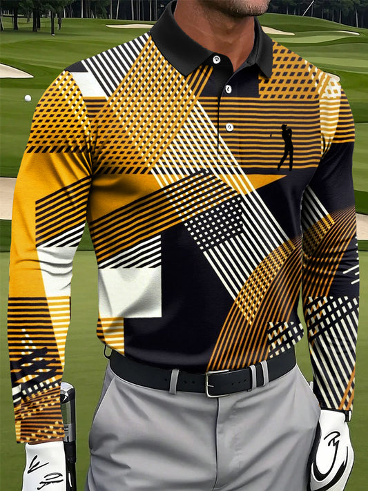 Men's Retro Abstract Line Geometric Art Print Casual Business Long Sleeve Polo Shirt
