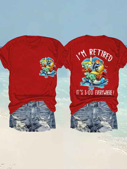 Women's I'm Retired It's 5 O'clock Everywhere Parrot Print Casual Tee