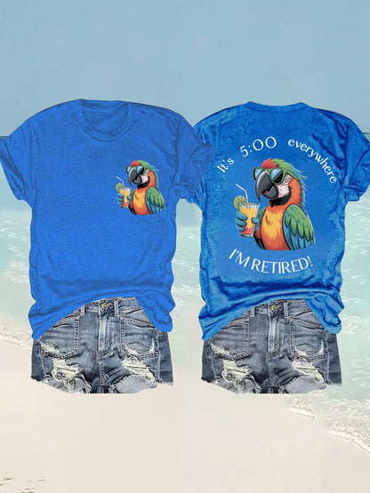 Women's I'm Retired It's 5 O'clock Everywhere Parrot Print Casual Tee