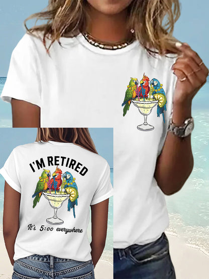 Women's I'm Retired It's 5 O'clock Everywhere Parrot Print Casual Tee