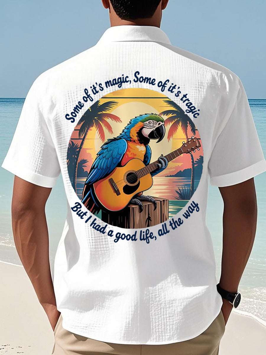 Men's  Some Of It’s Magic Some of It’s Tragic, But I Had A Good Life,All The Way Parrot Guitar Print Casual Waffle Short-Sleeve Shirt