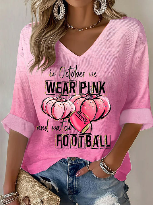 Women's In October We Wear Pink And Watch Football Breast Cancer Awareness Waffle T-shirt