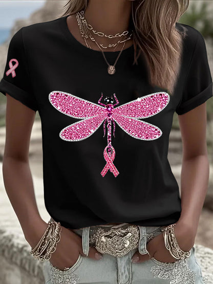 Women's Pink Ribbon Print Casual T-shirt