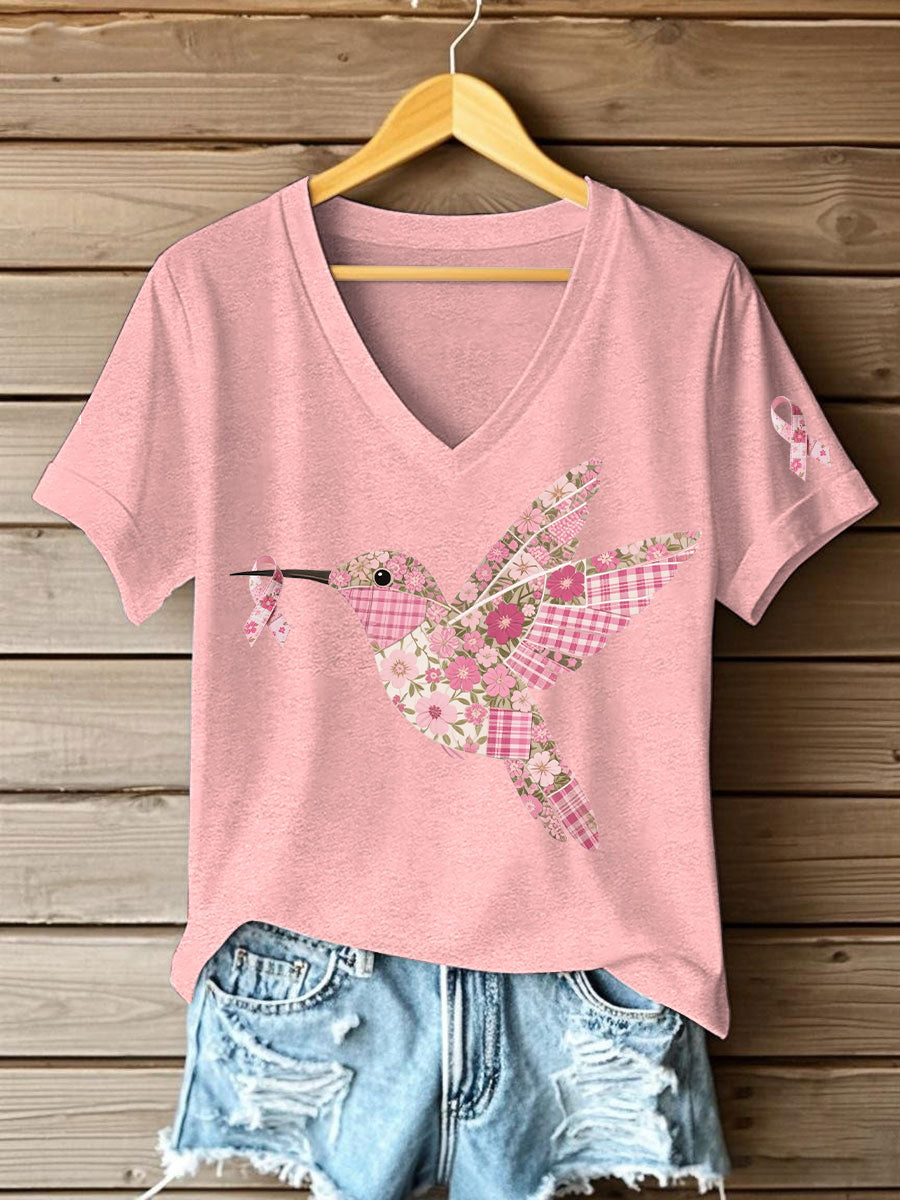 Women's Pink Hummingbird Print T-shirt