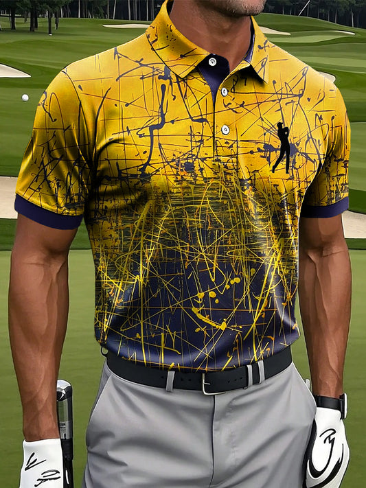 Men's Abstract Line Art Print Casual Business Polo Shirt