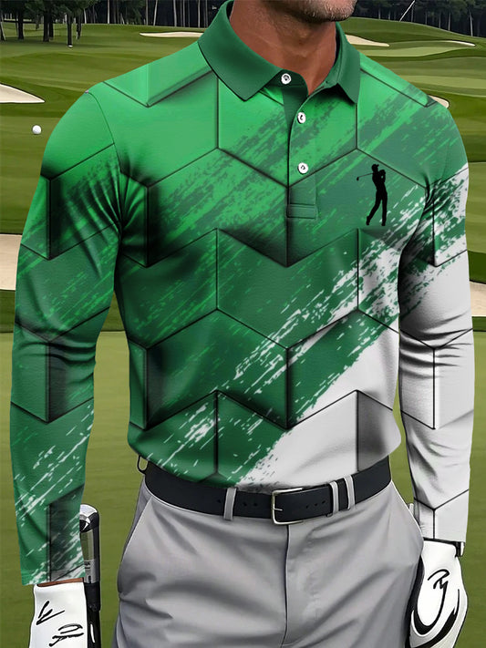 Men's Retro Abstract Geometric Art Print Casual Business Long-Sleeved Polo Shirt