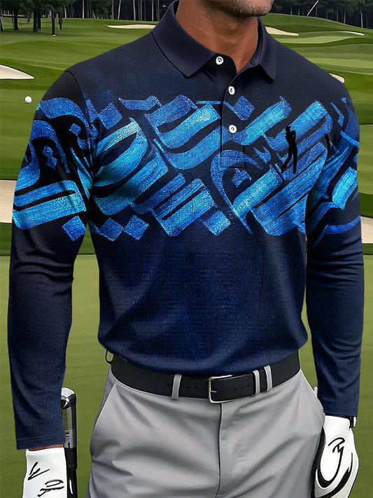 Men's Retro Totem Striped Print Casual Business Long-Sleeved Polo Shirt