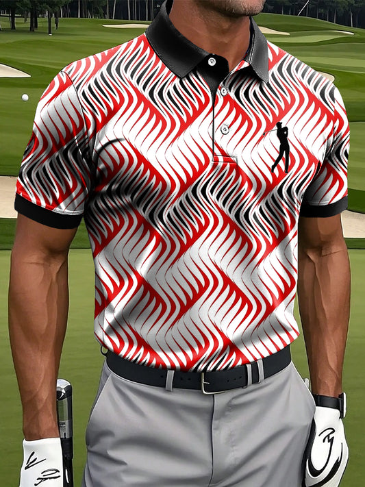 Men's Retro Irregular Line Art Print Casual Business Polo Shirt