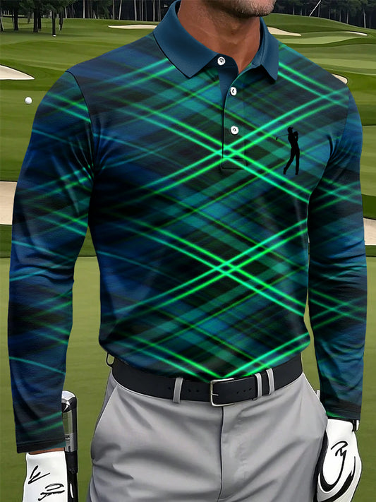 Men's Retro Abstract Line Print Casual Business Long-Sleeved Polo Shirt