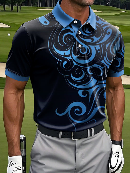 Men's Retro Abstract Spiral Art Print Casual Business Polo Shirt