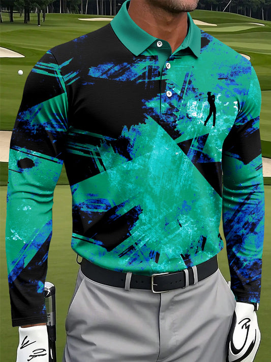 Men's Retro Geometric Graffiti Print Casual Business Long-Sleeved Polo Shirt