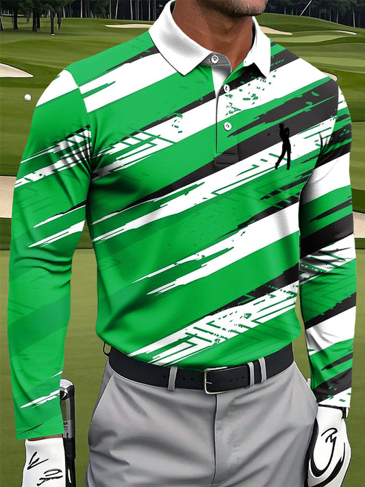Men's Retro Abstract Colorful Stripe Print Casual Business Long-Sleeved Polo Shirt