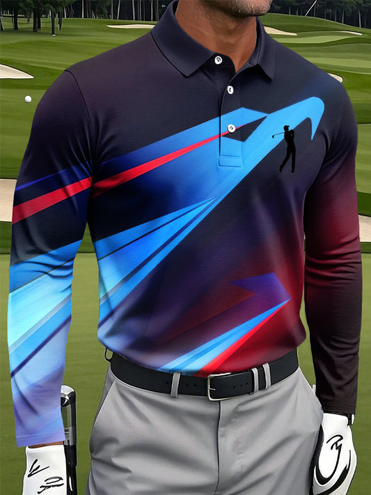 Men's Retro Colorful Textured Print Casual Business Long-Sleeved Polo Shirt