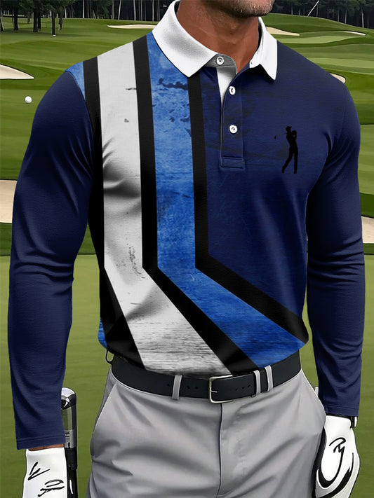 Men's Retro Irregular Striped Print Casual Business Long-Sleeved Polo Shirt